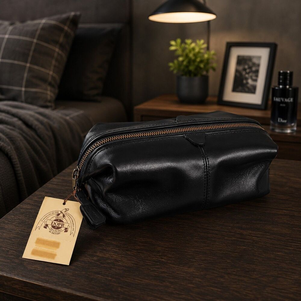 Vintage Buxton Black Leather Dopp Kit Toiletry Bag USA Brass Zipper NWT; Unused